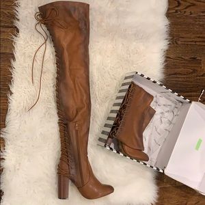 Thigh High Cognac Color laced back boots